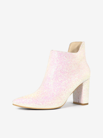 Women's Pointed Toe Cutout Block Heels Glitter Ankle Booties