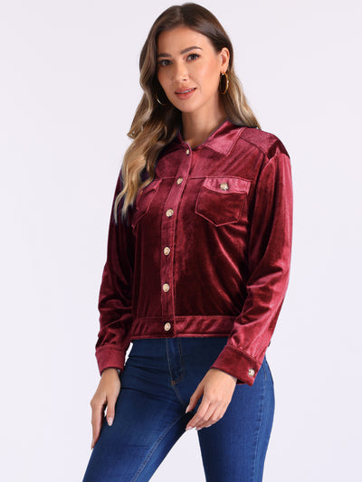 Velvet Button Up Long Sleeve Cropped Jacket