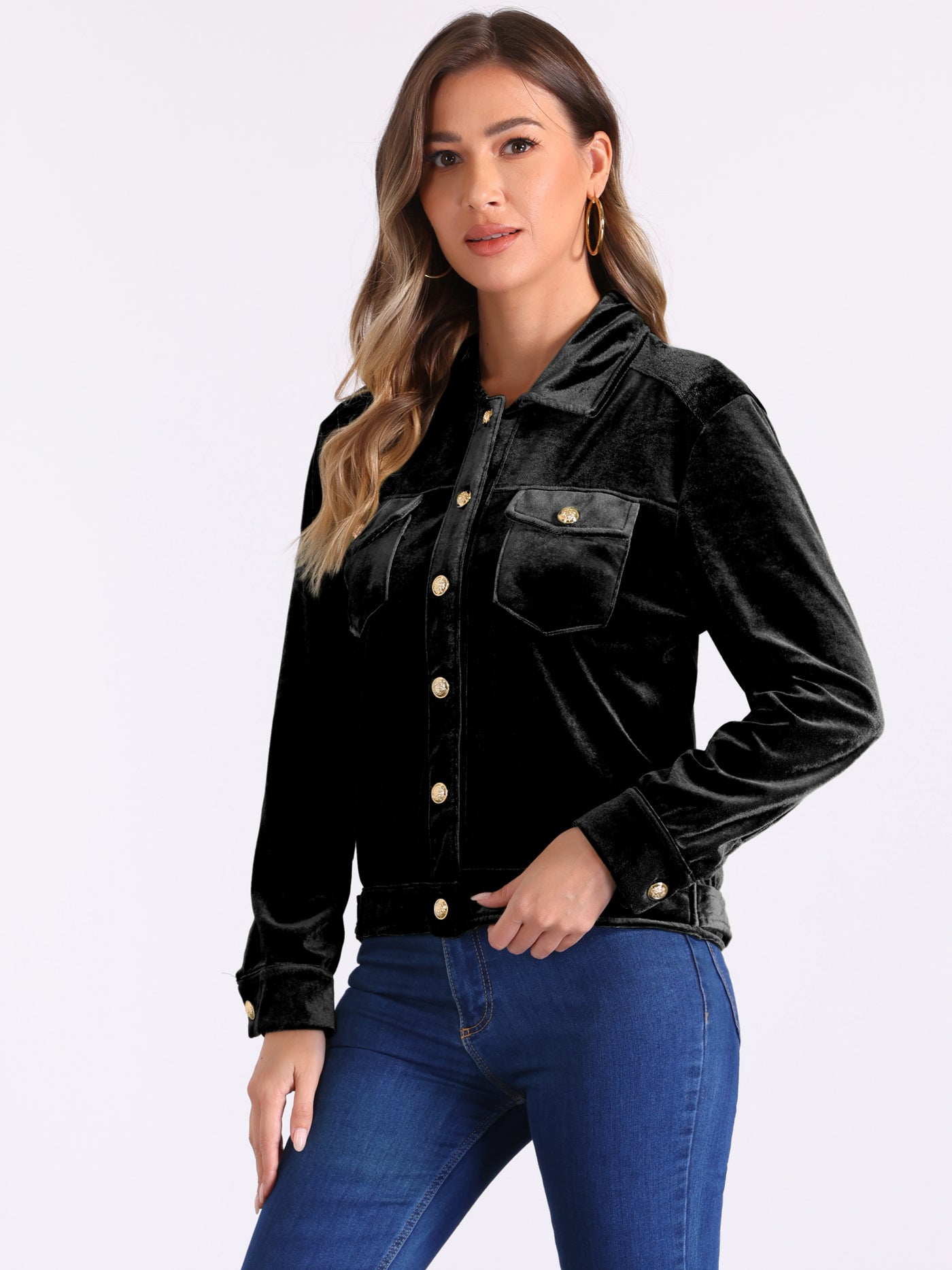 Allegra K Velvet Button Up Long Sleeve Cropped Jacket