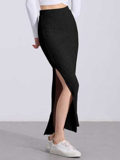 Knitted Textured Solid Color Slit Maxi Pencil Skirt