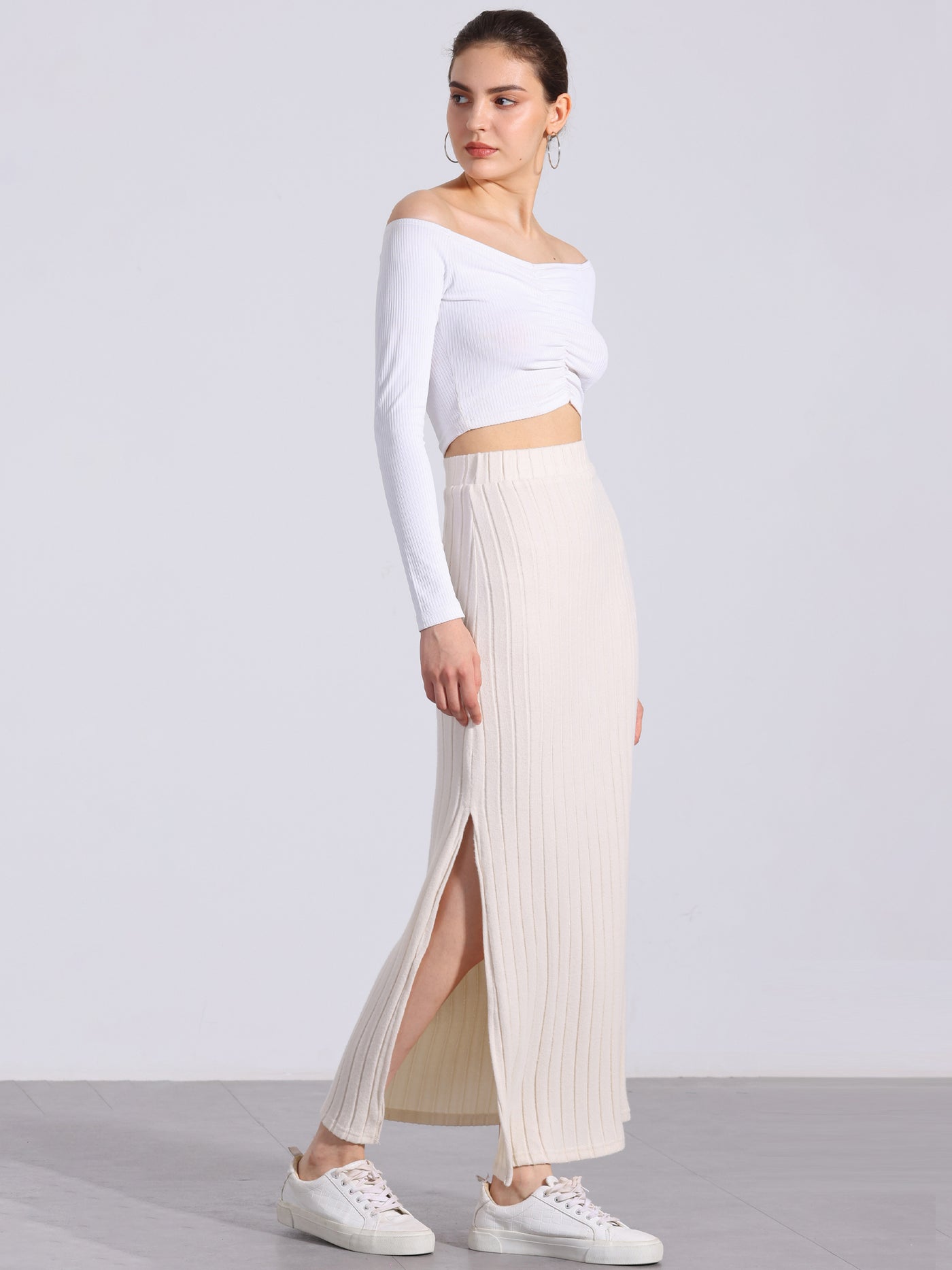 Allegra K Knitted Textured Solid Color Slit Maxi Pencil Skirt