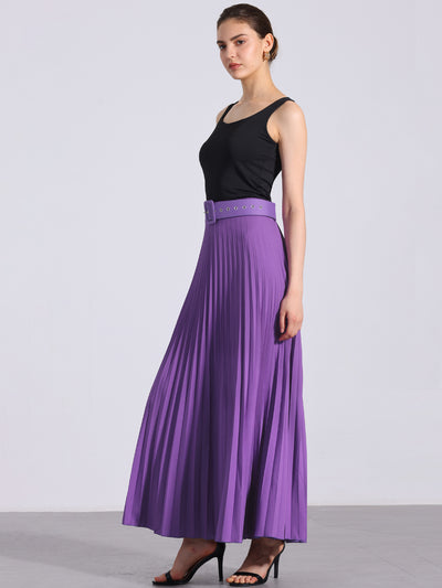 Flowy Pleated Elastic High Waist Belted Swing A-line Maxi Skirt