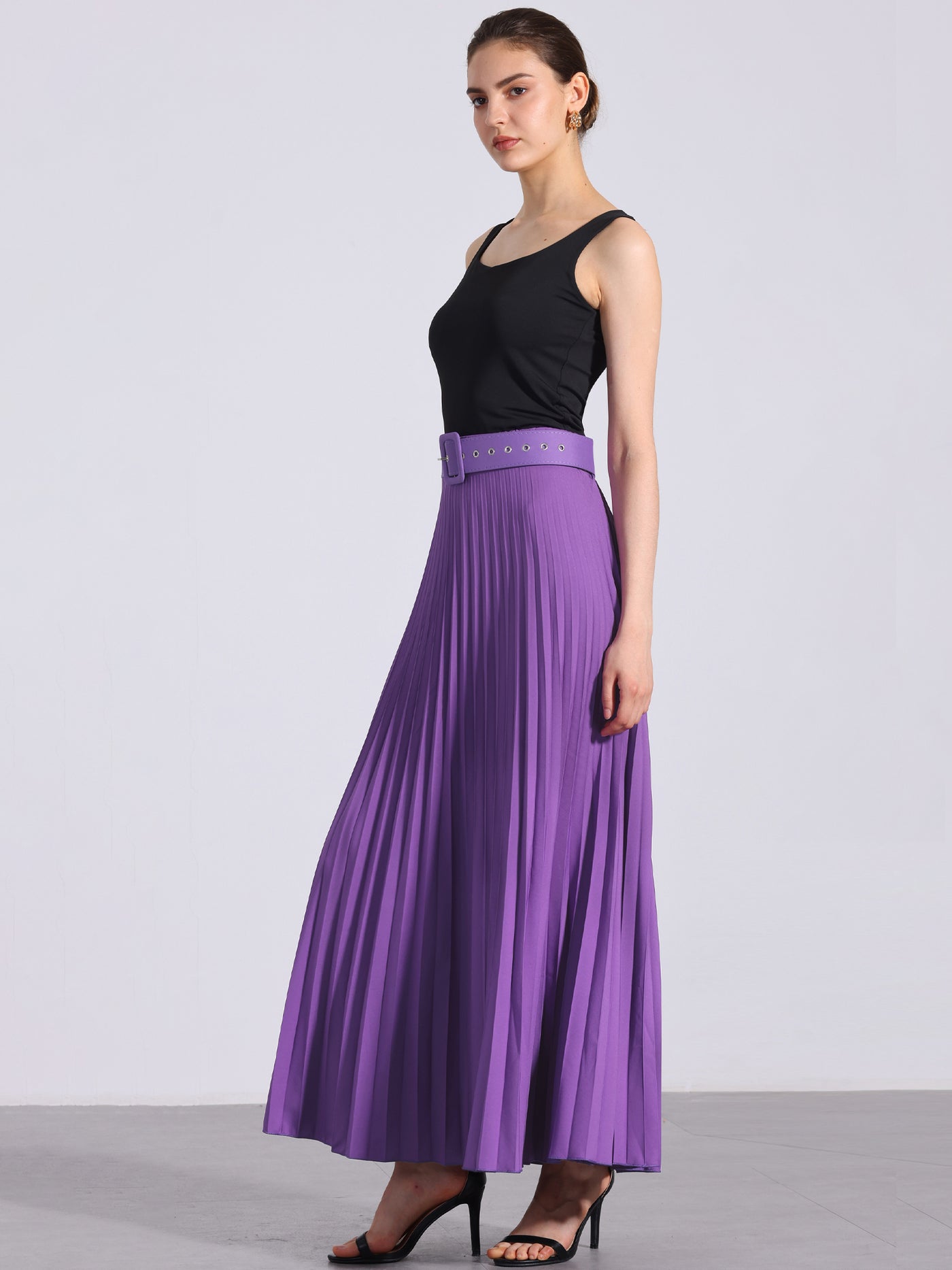 Allegra K Flowy Pleated Elastic High Waist Belted Swing A-line Maxi Skirt