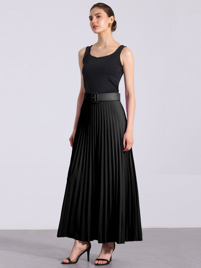 Flowy Pleated Elastic High Waist Belted Swing A-line Maxi Skirt