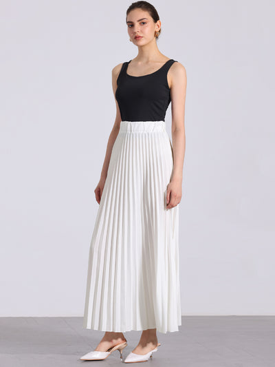 Flowy Pleated Elastic High Waist Belted Swing A-line Maxi Skirt