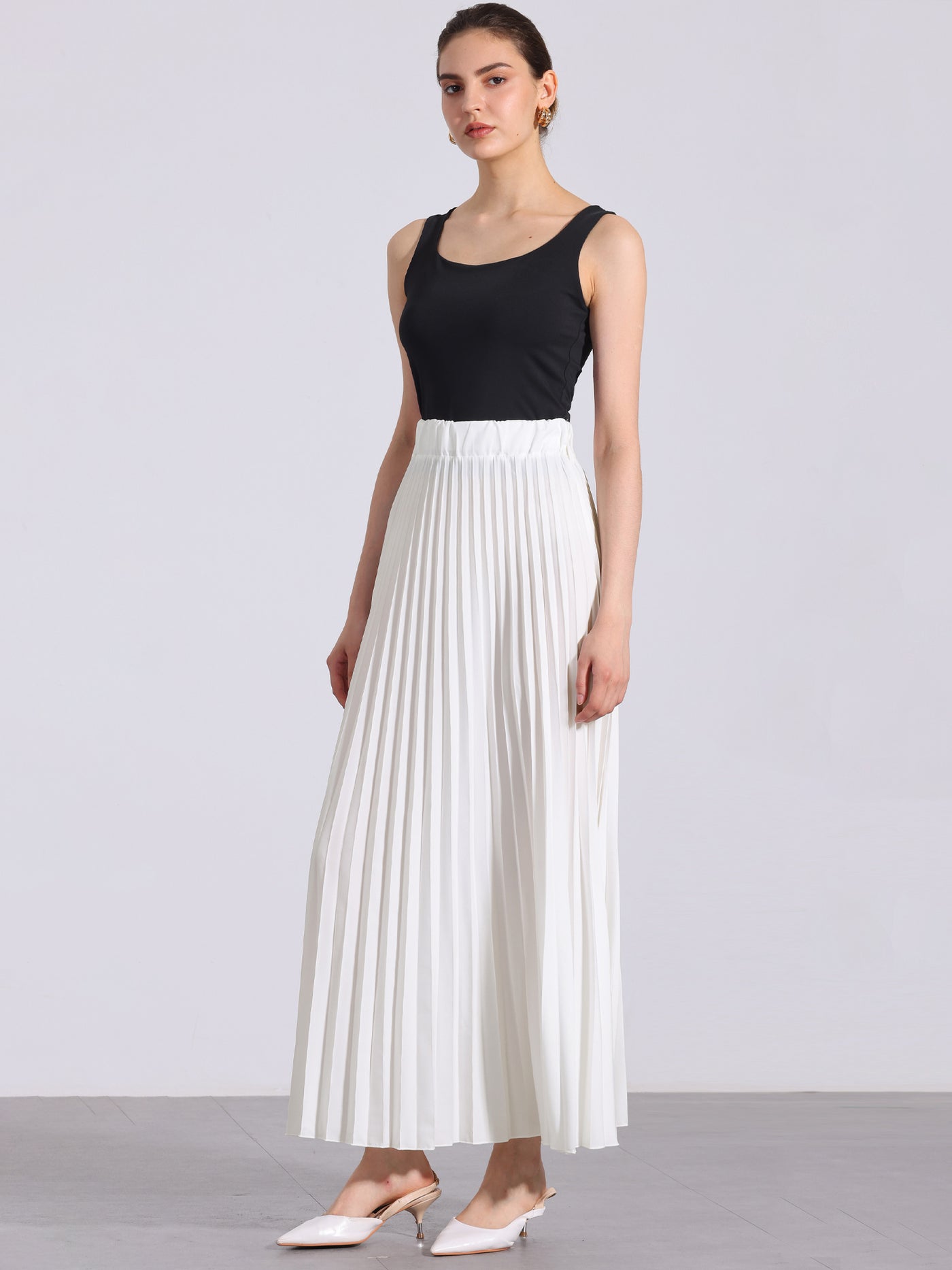 Allegra K Flowy Pleated Elastic High Waist Belted Swing A-line Maxi Skirt