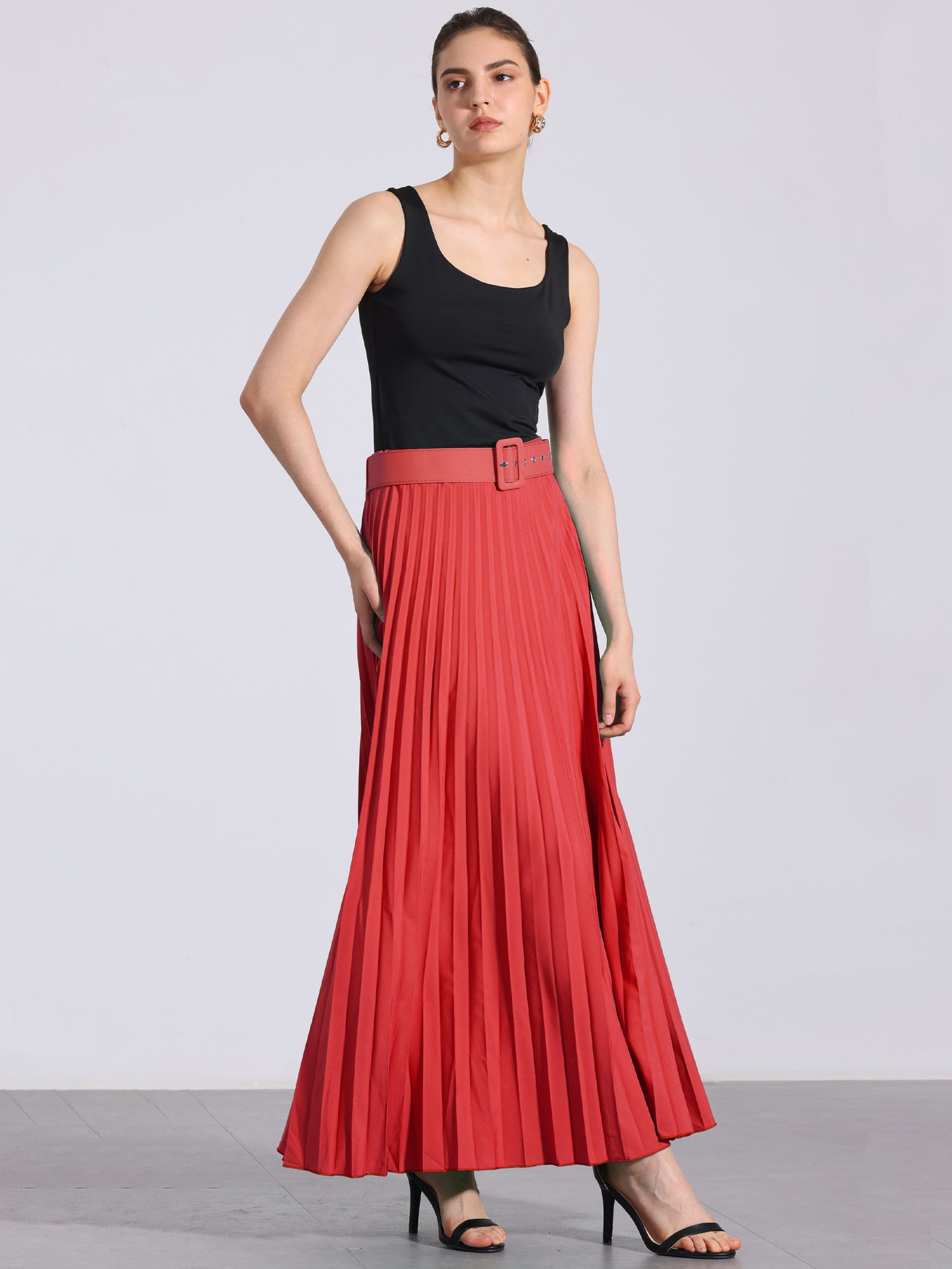 Allegra K Flowy Pleated Elastic High Waist Belted Swing A-line Maxi Skirt