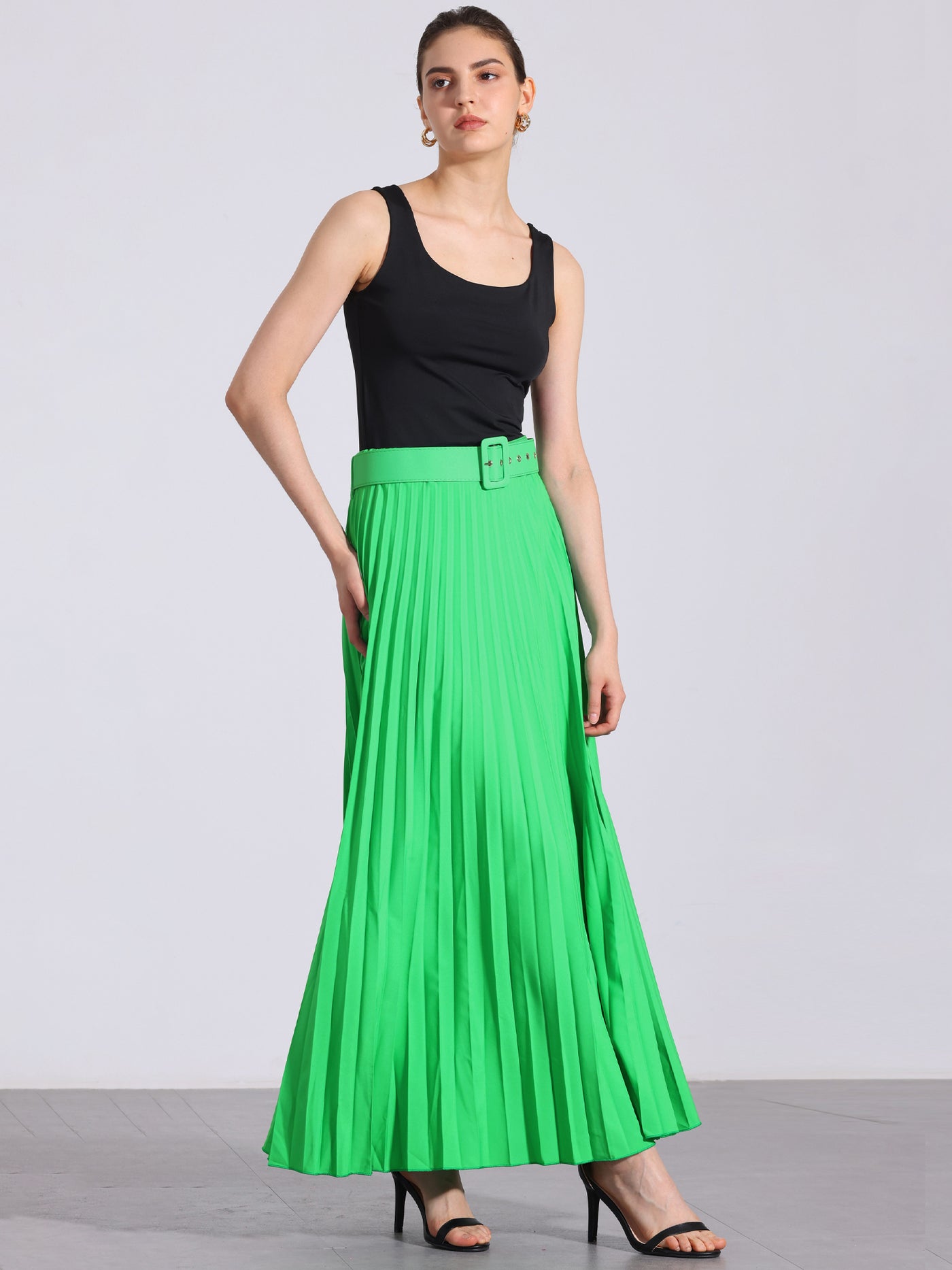 Allegra K Flowy Pleated Elastic High Waist Belted Swing A-line Maxi Skirt