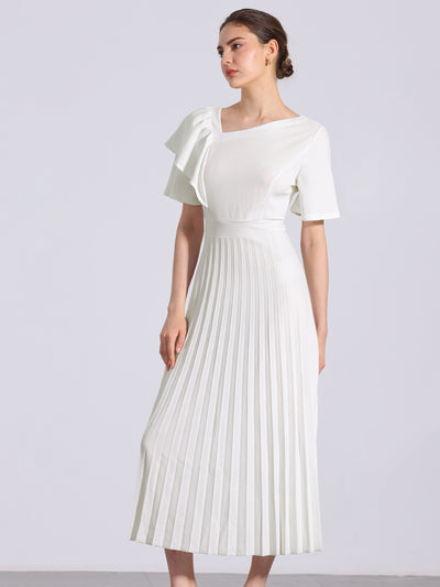 Ruffles Short Sleeve Asymmetrical Neck Pleated Midi Dress