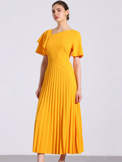 Ruffles Short Sleeve Asymmetrical Neck Pleated Midi Dress