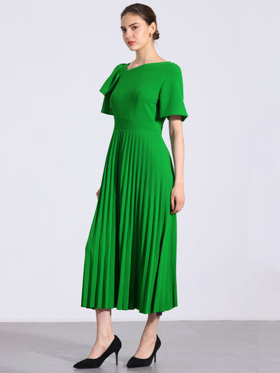 Ruffles Short Sleeve Asymmetrical Neck Pleated Midi Dress