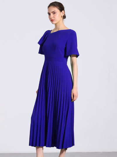 Ruffles Short Sleeve Asymmetrical Neck Pleated Midi Dress