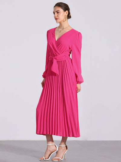 Pleated V Neck Puff Sleeve Tie Waist A-Line Maxi Dress