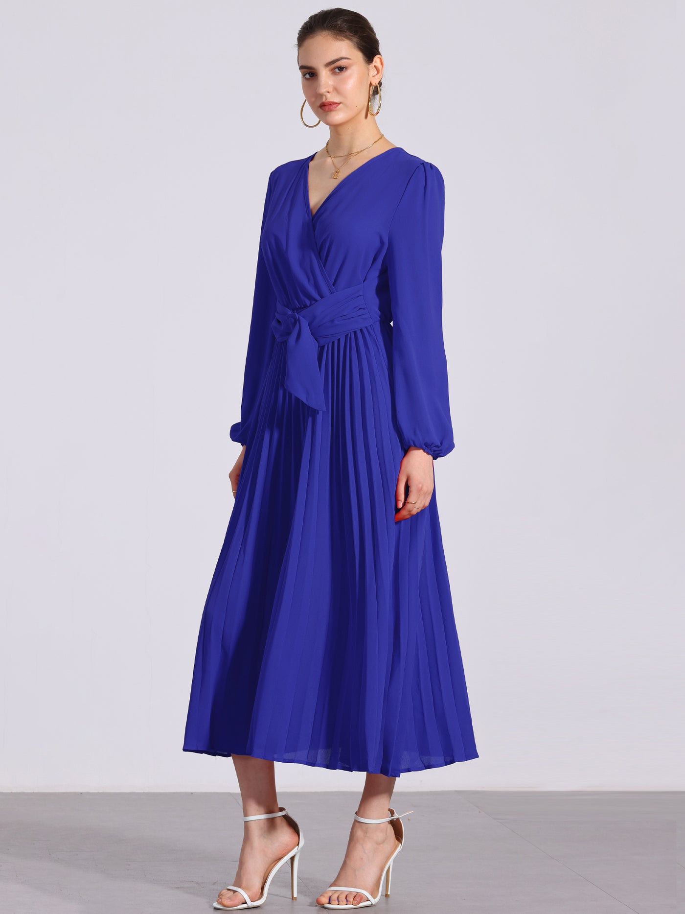 Allegra K Pleated V Neck Puff Sleeve Tie Waist A-Line Maxi Dress