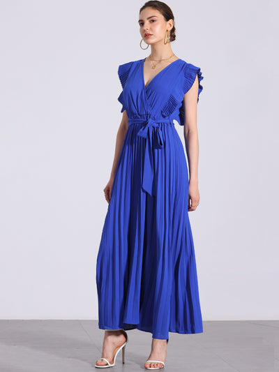 V Neck Short Sleeves Lace-Up Belted Pleated Maxi Dress