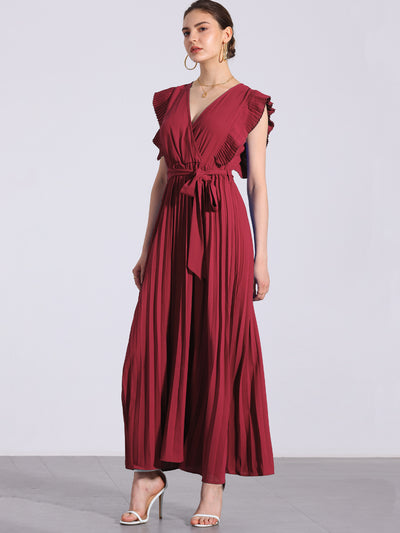 V Neck Short Sleeves Lace-Up Belted Pleated Maxi Dress