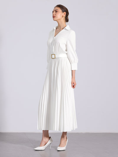 Collar V Neck Belted Dressy Casual Pleated Maxi Dress