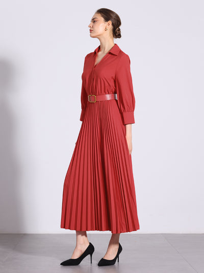 Collar V Neck Belted Dressy Casual Pleated Maxi Dress