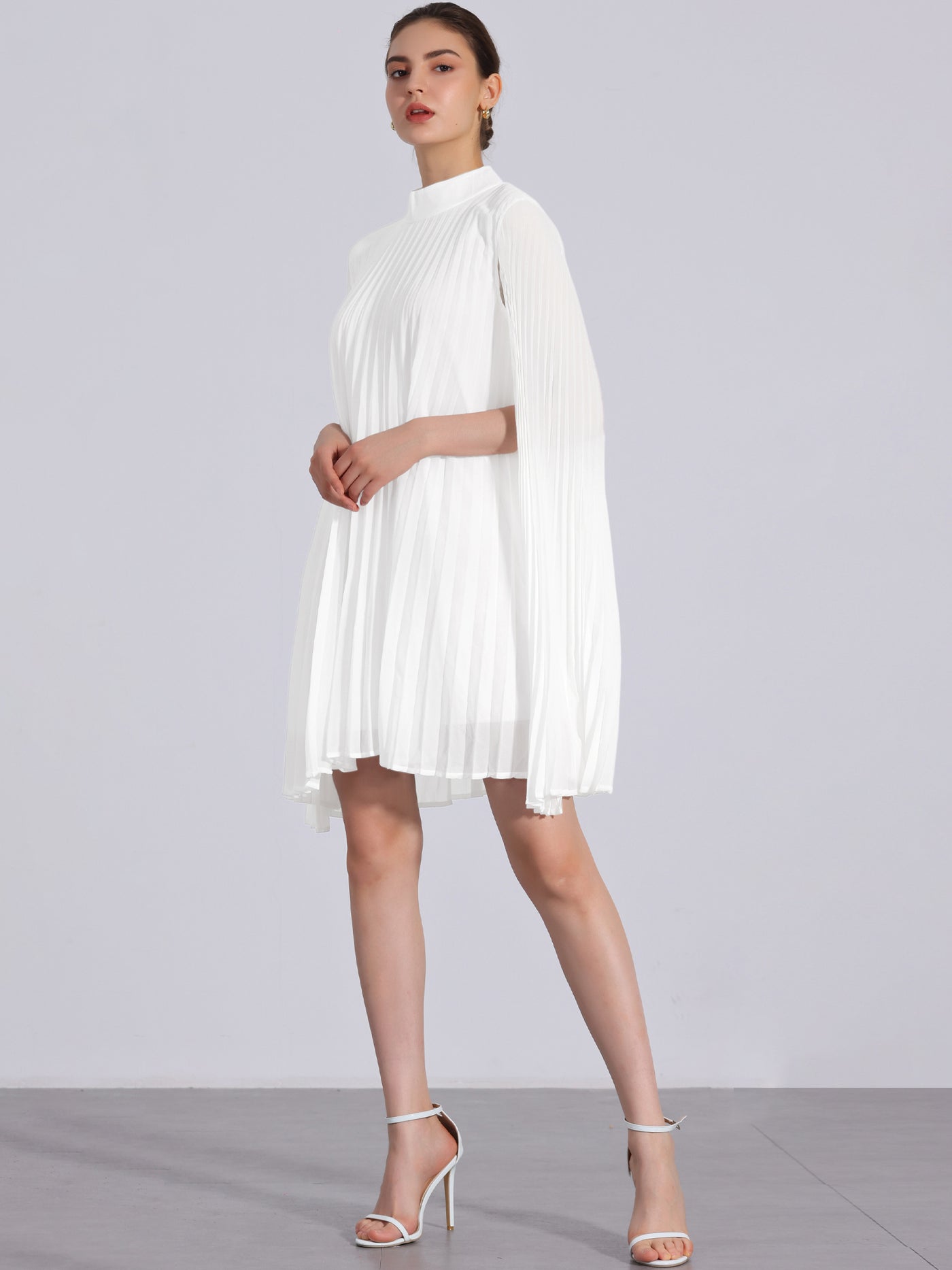 Allegra K Loose Flowy Cloak Sleeve Cape Pleated Chiffon Mini Dress