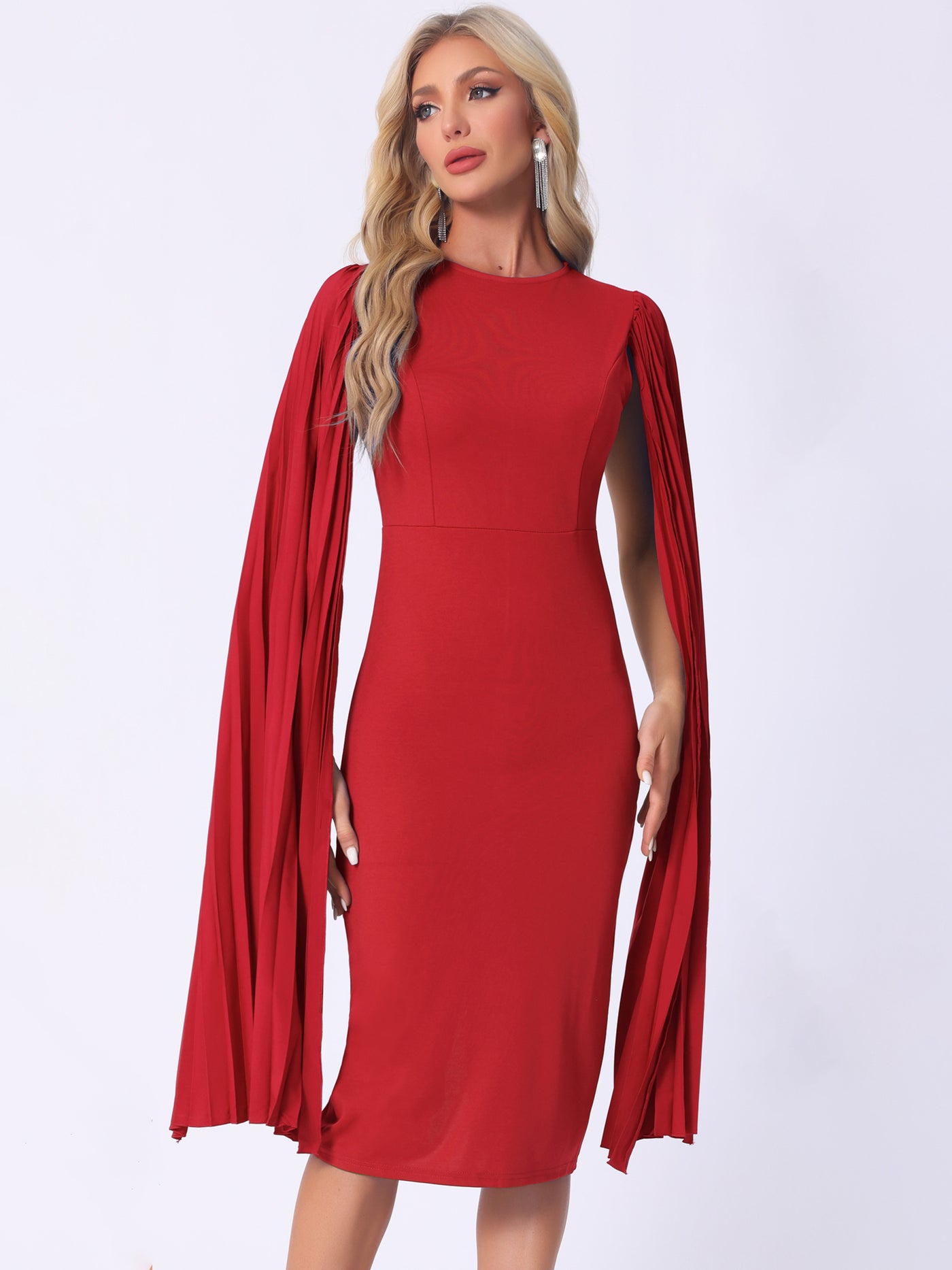 Allegra K Pleated Cloak Long Sleeves Midi Sheath Dress