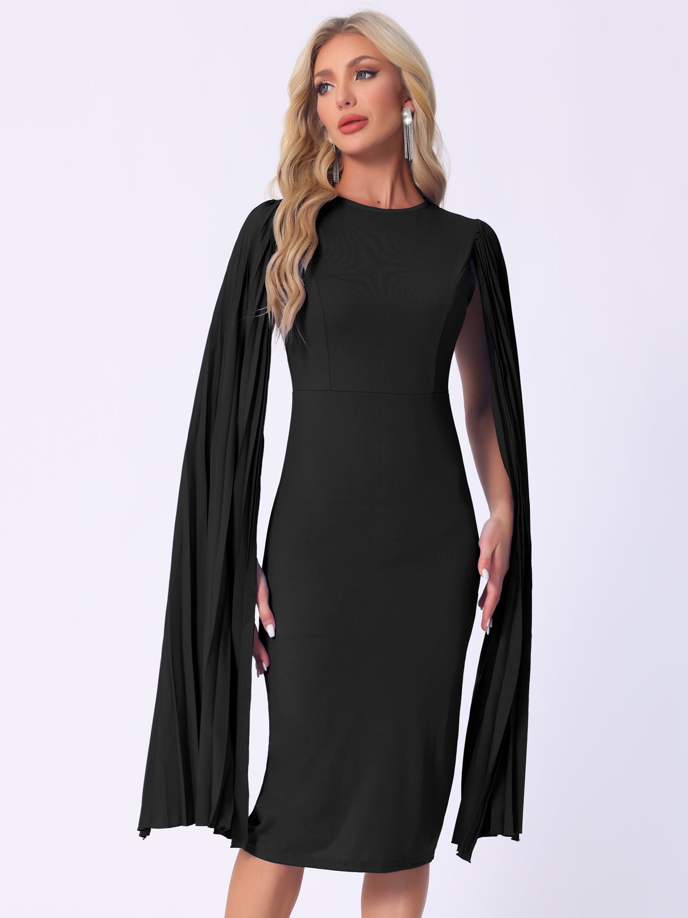 Allegra K Pleated Cloak Long Sleeves Midi Sheath Dress