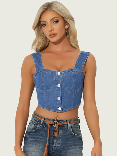 Button Down Sleeveless Bustier Jean Cropped Denim Corset Tops