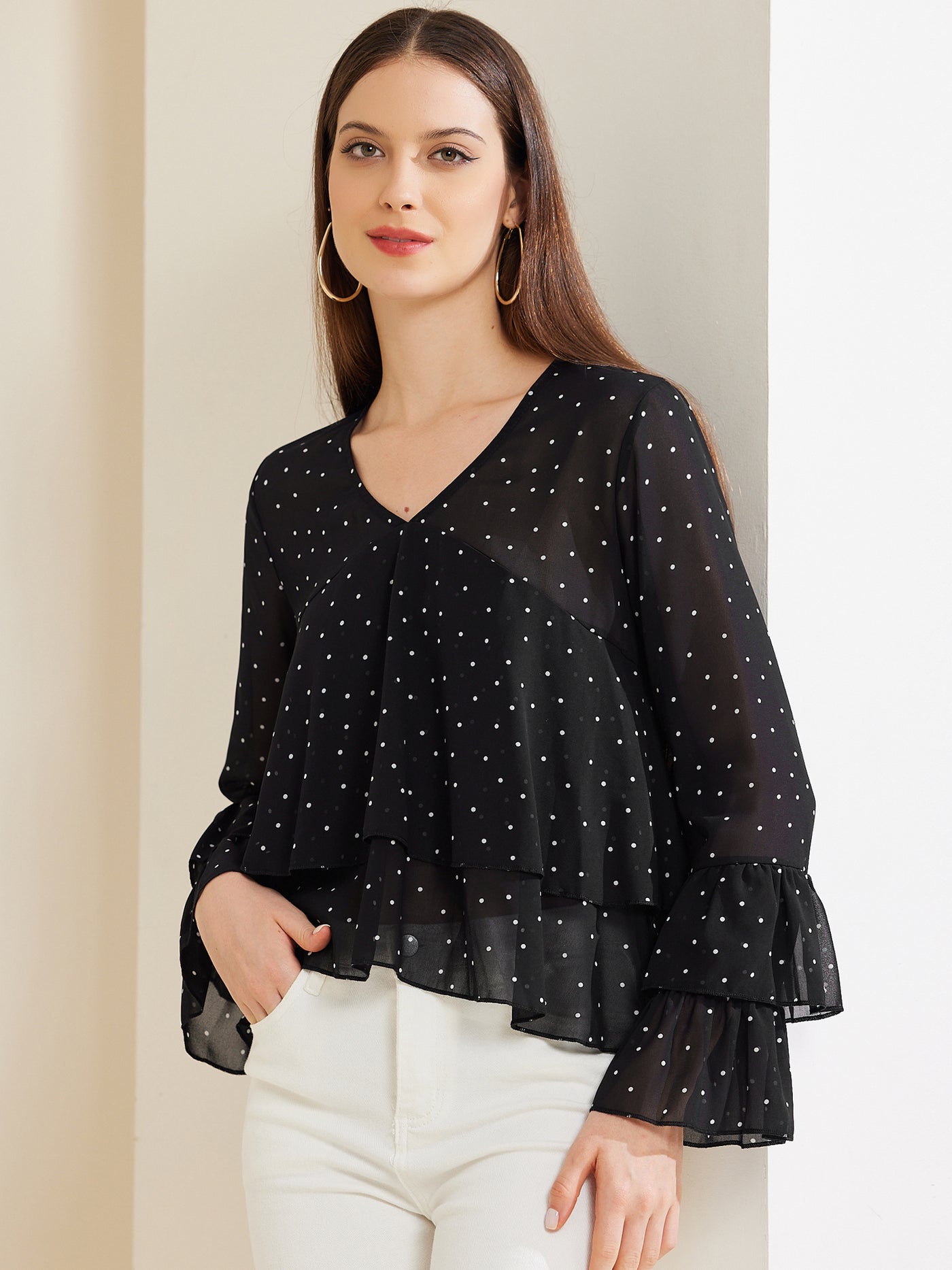 Allegra K Polka Dot Mesh Long Sleeve Flouncing Casual Blouse