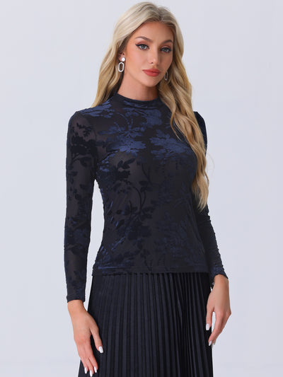 See Through Mesh Mock Neck Velvet Floral Blouse