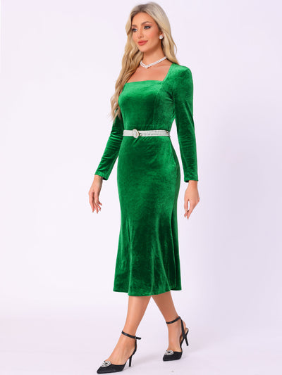 Velvet Square Neck Long Sleeve Belted Mermaid Midi Dress