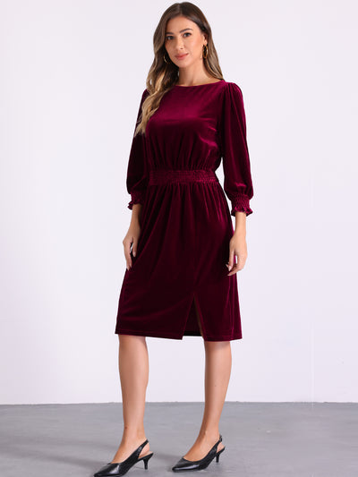 Boat Neck Puff Sleeve Smocked Velvet Midi Dress