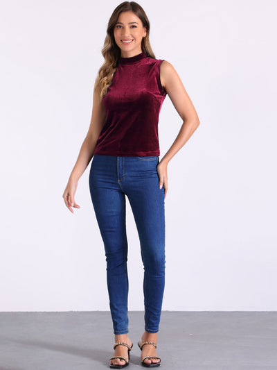 Mock Neck Velvet Sleeveless Solid Color Tank Top