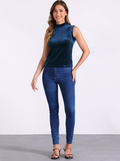 Mock Neck Velvet Sleeveless Solid Color Tank Top