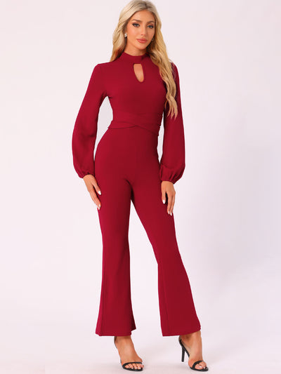 Allegra K Solid Color Long Sleeve Keyhole Bell Bottom Jumpsuit