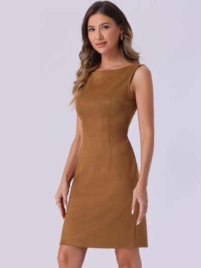 Faux Suede Boat Neck Sleeveless Sheath Midi Dress