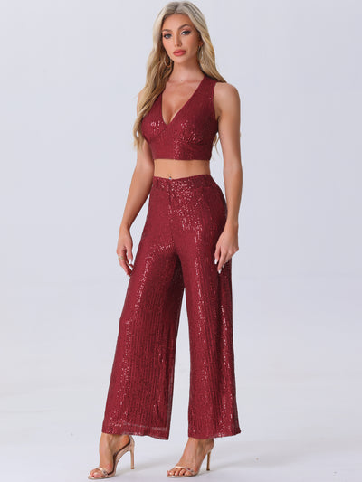 2 Pieces Sequin Sparkle Sleeveless Cropped Top & Wide Leg Pants Set