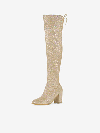 Women's Glitter Round Toe Chunky Heel Over the Knee High Boots