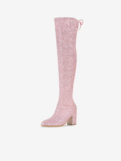 Women's Glitter Round Toe Chunky Heel Over the Knee High Boots