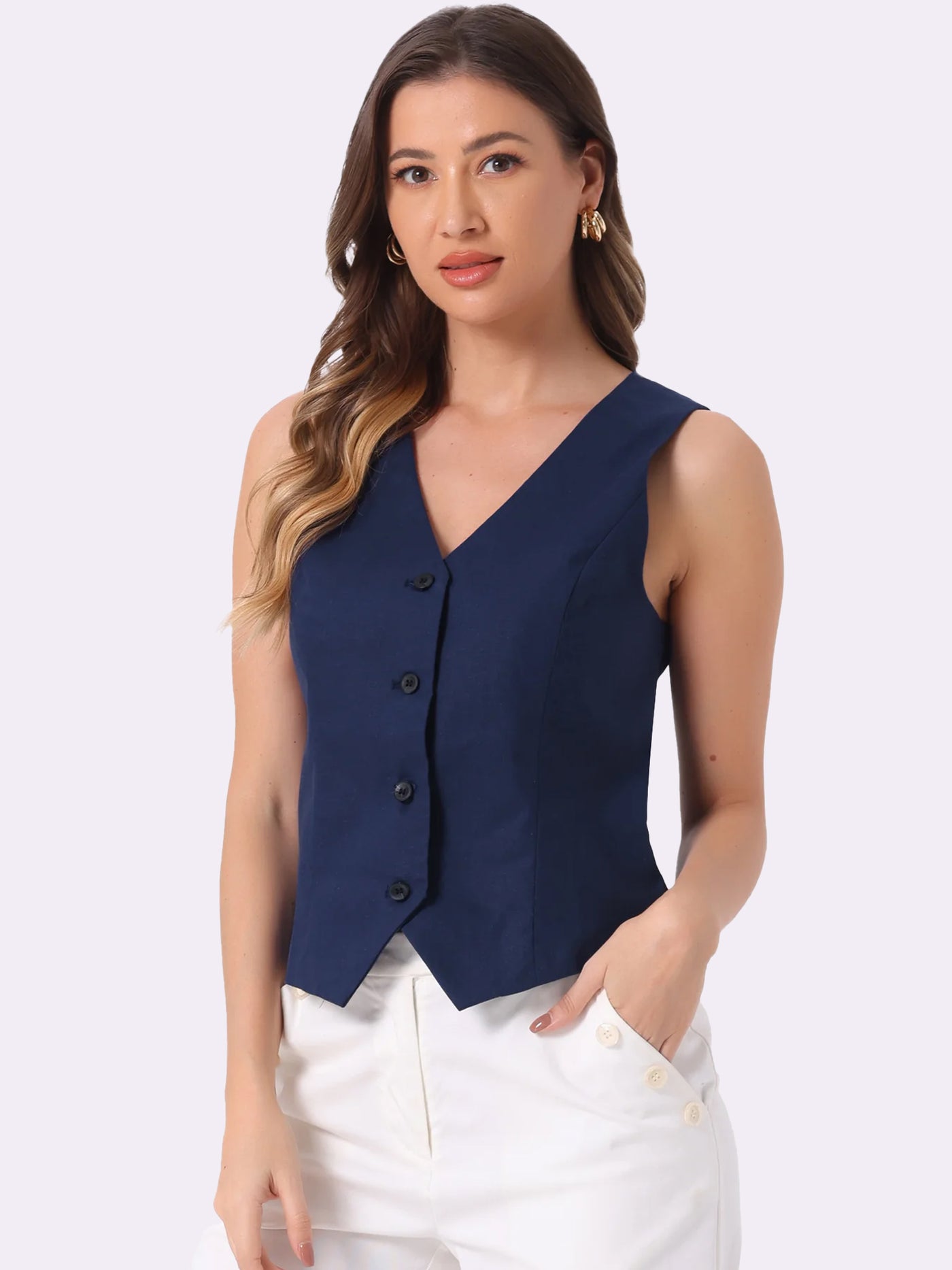 Allegra K Sleeveless Solid Button Down V Neck Waistcoat Vest