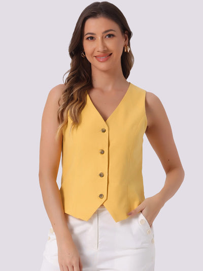 Sleeveless Solid Button Down V Neck Waistcoat Vest