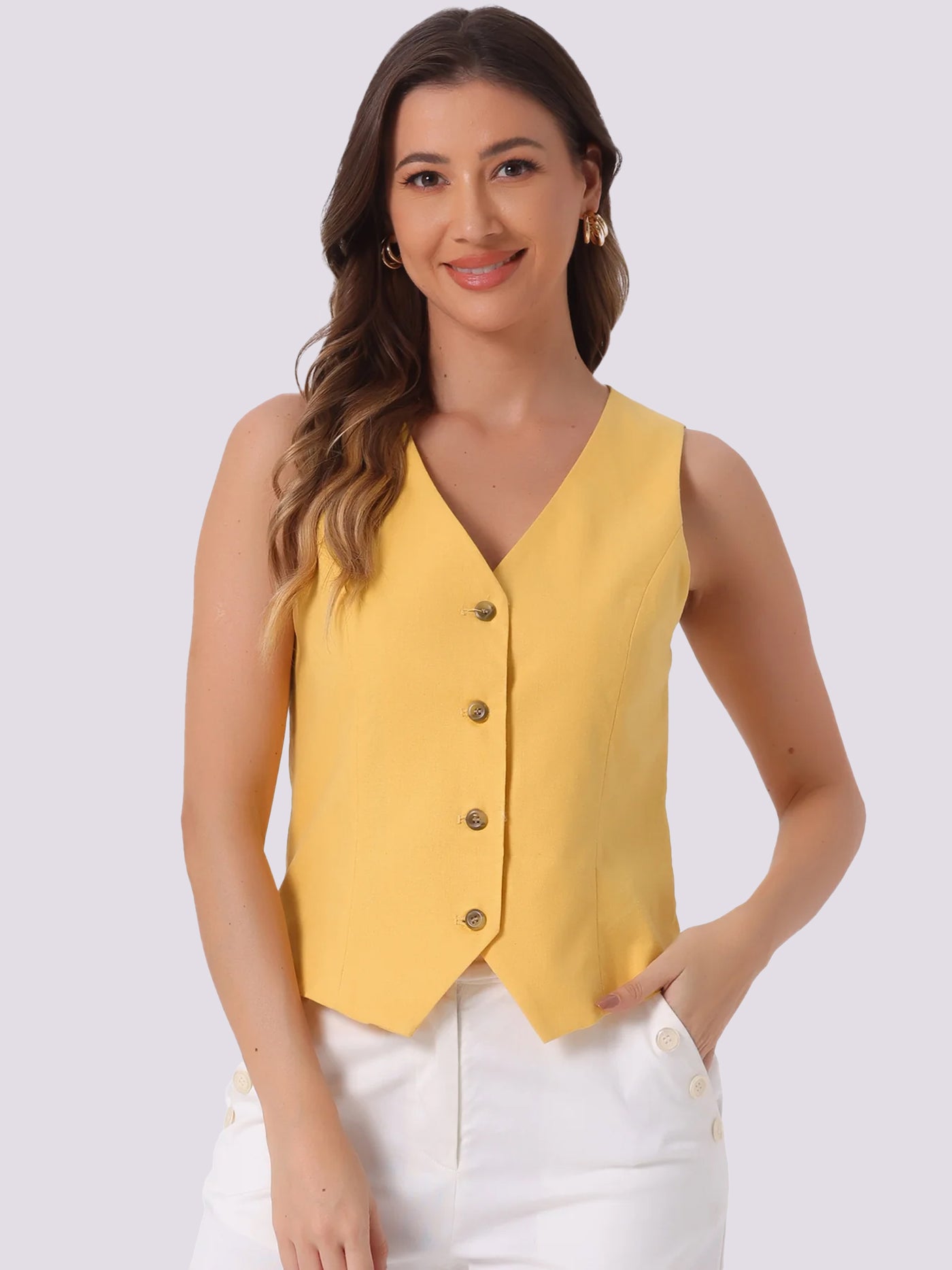 Allegra K Sleeveless Solid Button Down V Neck Waistcoat Vest