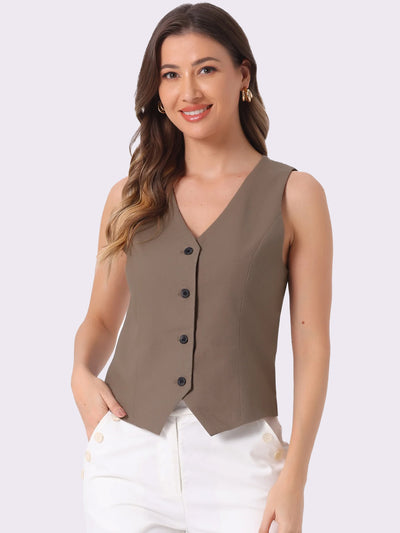 Sleeveless Solid Button Down V Neck Waistcoat Vest