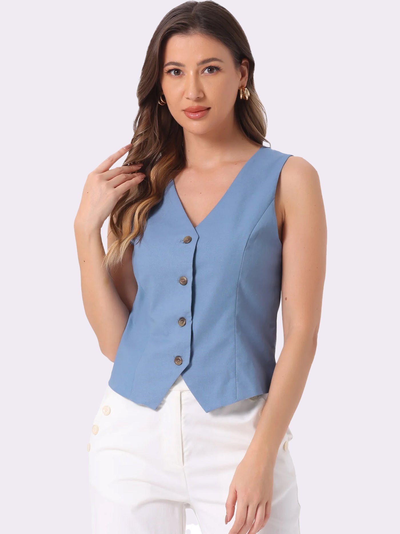 Allegra K Sleeveless Solid Button Down V Neck Waistcoat Vest