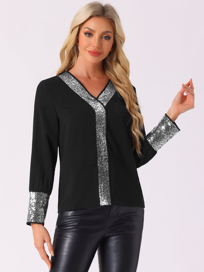 Sequin V Neck Long Sleeve Casual Lightweight Blouse