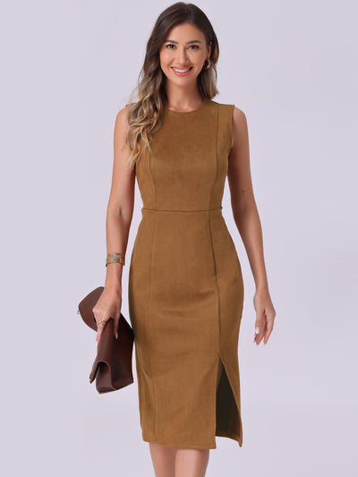 Faux Suede Sleeveless Crew Neck Slit Sheath Midi Dress