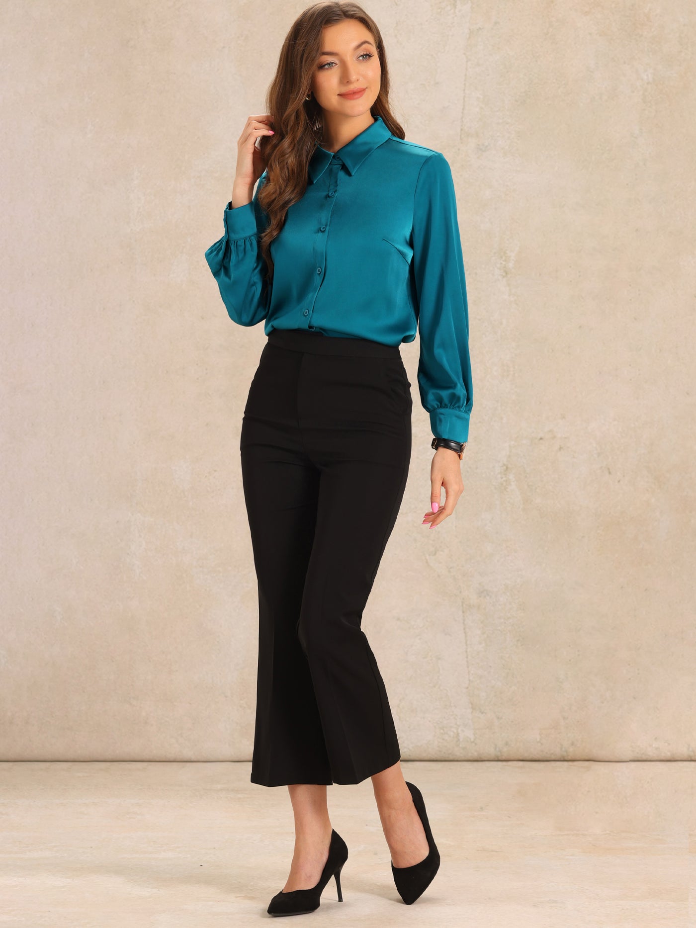 Allegra K Satin Puff Long Sleeve Button Down Work Blouse