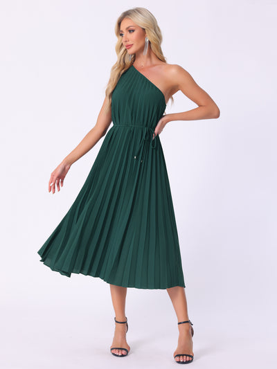 Pleated One Shoulder Sleeveless Cocktail Midi Dress