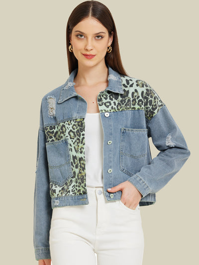 Long Sleeve Leopard Patchwork Cropped Denim Jean Jacket