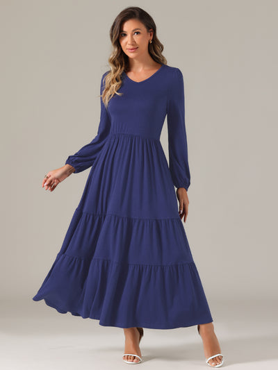 Crew Neck Long Sleeve Pockets Tiered A-Line Maxi Dress