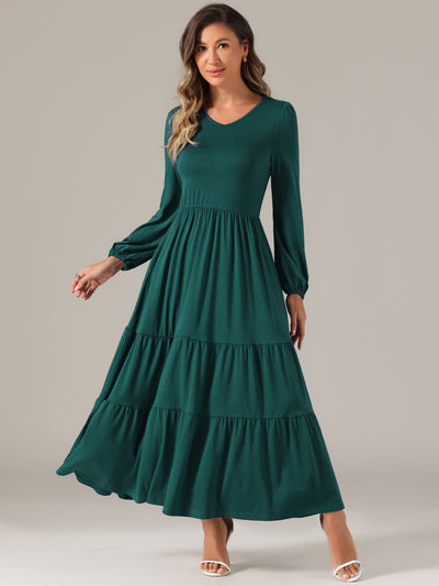 Crew Neck Long Sleeve Pockets Tiered A-Line Maxi Dress