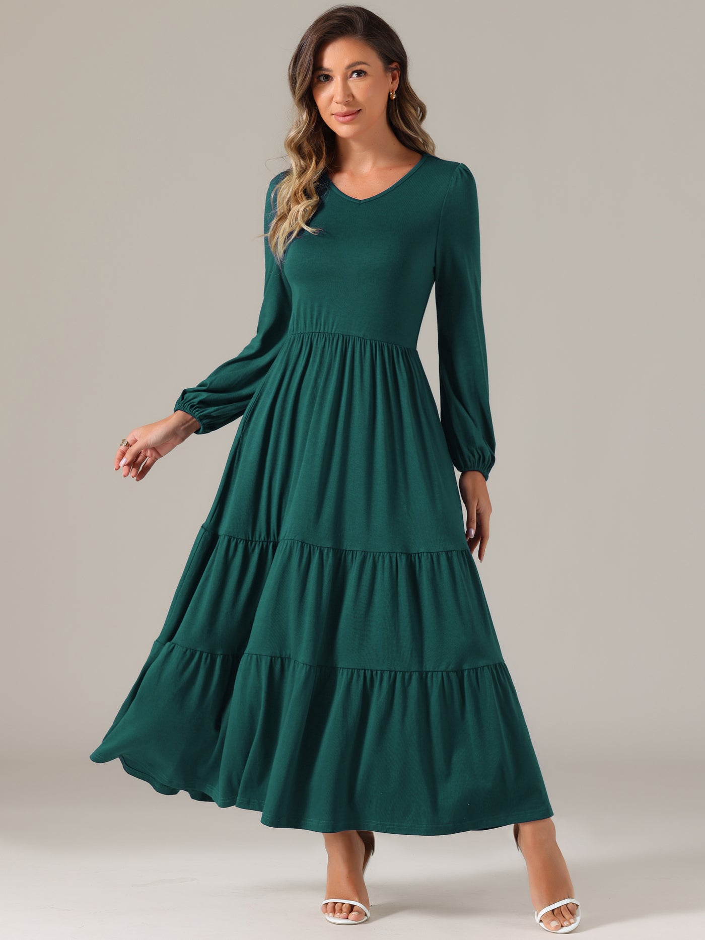 Allegra K Crew Neck Long Sleeve Pockets Tiered A-Line Maxi Dress